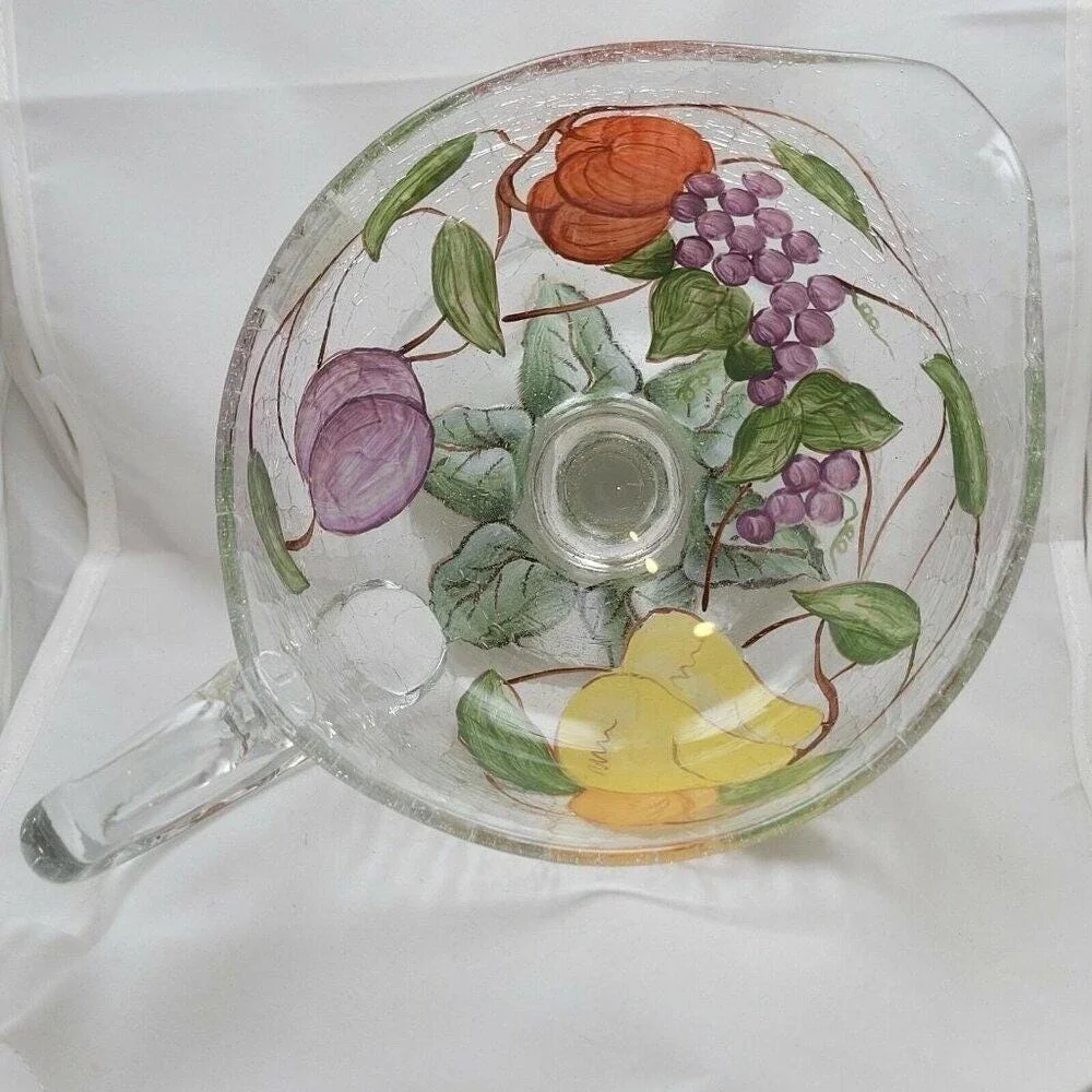 American Atelier Crackle Glass Fruit Gravy Boat Pitcher Romania‎ Hand Paint Leaf